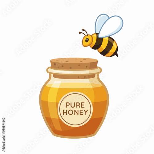 A jar of pure honey accompanied by a cheerful bee, representing nature's sweetness and the importance of bees for biodiversity and environmental balance.