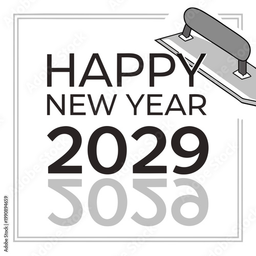 A graphic design showcases happy new year 2029 text with a stylized putty knife illustration above it framed in a square