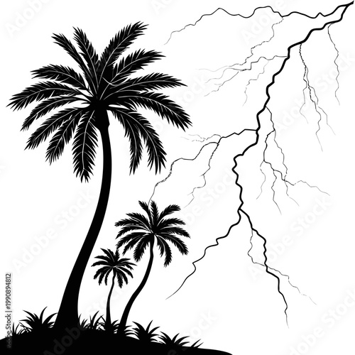 A dramatic black and white illustration depicts several palm trees silhouetted against a turbulent sky filled with jagged lightning bolts high quality