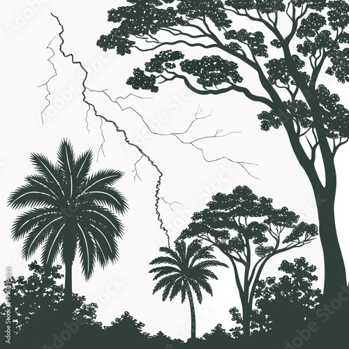 A dramatic illustration depicts a lightning strike illuminating silhouetted tropical trees against a pale minimalist background high quality professional detailed modern elegant