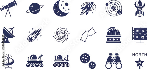 Collection of icons representing various elements of space exploration and astronomy Vector