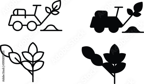 Modern agricultural machinery for farming organic crops with plant growth and soil cultivation Vector Silhouette and Pictogram Icon Set