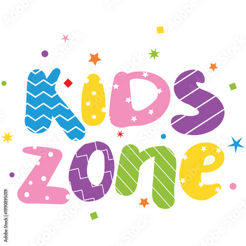 Kids zone label vector. Playground game and fun area icon. Child room for play emblem. Children party entertainment and leisure activity place cartoon design badge isolated on white background