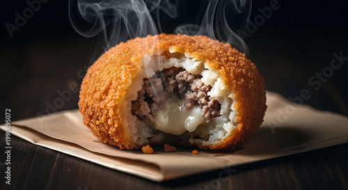 a single, deep-fried korokke (potato croquette) broken open to reveal its creamy, steaming potato and minced meat filling, on a piece of rustic brown packaging paper 