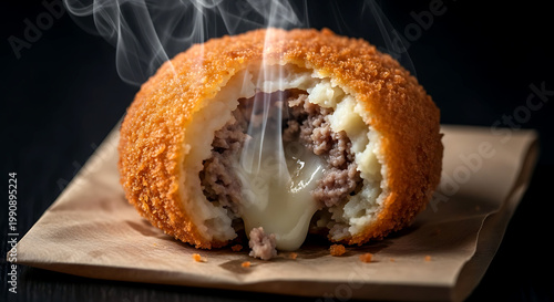 a single, deep-fried korokke (potato croquette) broken open to reveal its creamy, steaming potato and minced meat filling, on a piece of rustic brown packaging paper 