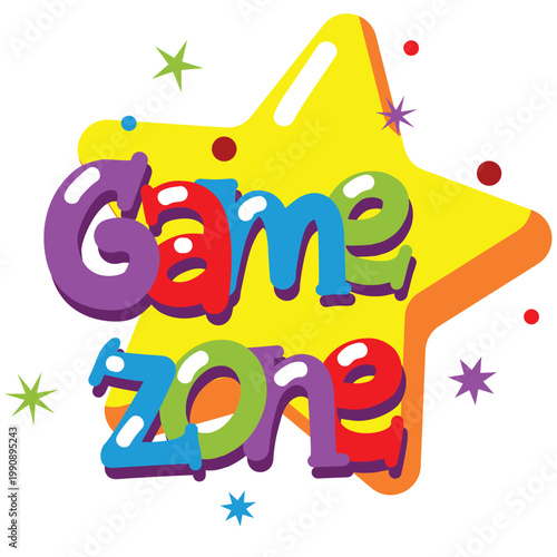 Game zone label vector. Child party room icon. Kid fun area, playground sticker illustration. Place for children leisure entertainment and activity badge. Cartoon star design isolated on white