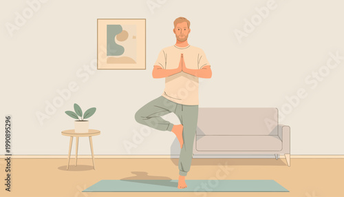 Man practices yoga on a mat in a living room with a couch