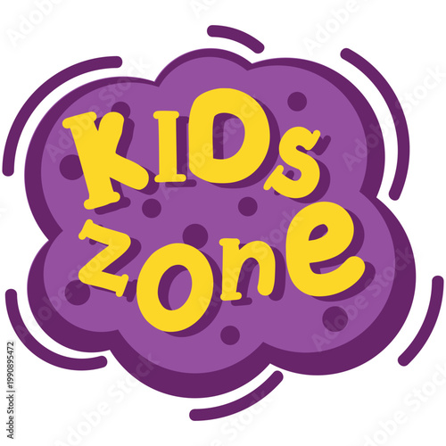 Kids zone label vector icon. Cartoon playground club logo badge with yellow lettering on purple bubble isolated on white background