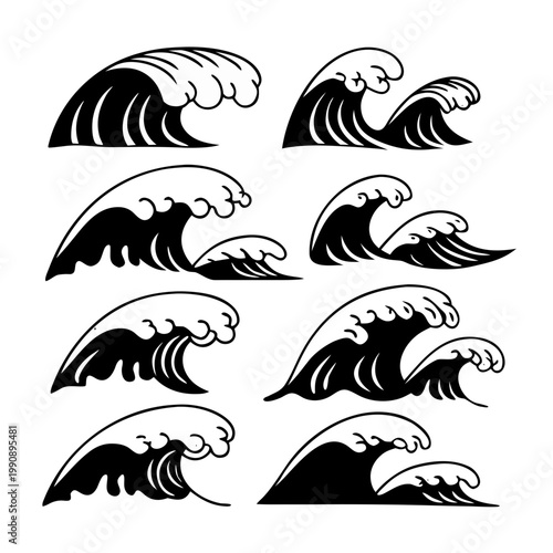 set of black silhouettes of sea animals