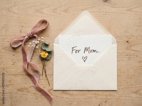 A white envelope with a heartfelt note for mom on a wooden table with a pink ribbon and small flowers