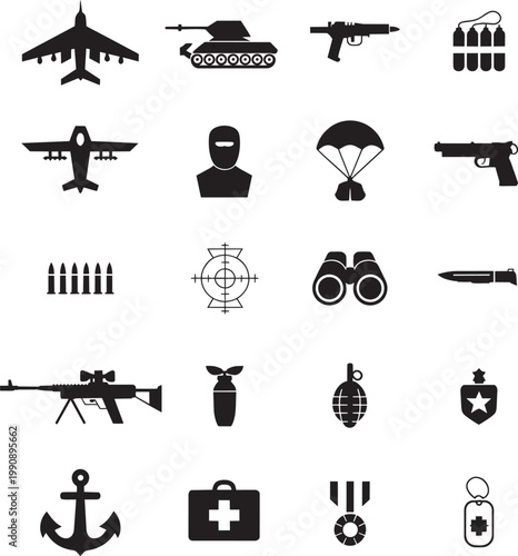 Military Icons Set Vector, Army Weapons Equipment Symbols Collection, War Aviation Soldier Ammunition Flat Silhouette Pack