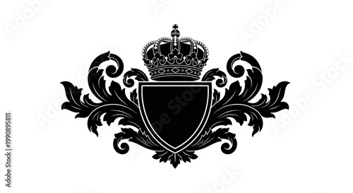 Black heraldic crest with crown and shield.