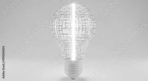 Minimalist 3D render of a light bulb with a complex maze inside and a glowing light path through the center, symbolic of creative problem solving, strategic thinking, and innovative business solutions