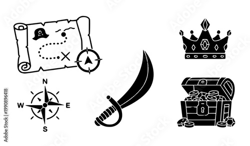 A set of pirate icons including a treasure map and sword
