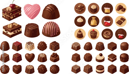 Chocolate dessert vector collection with assorted candies truffles cakes and sweets featuring gourmet confectionery illustrations isolated set