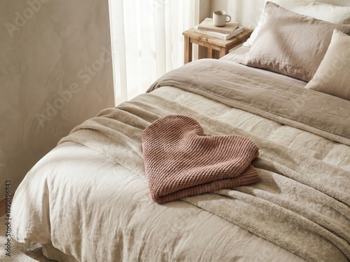 Cozy bedroom interior with heart shaped brown blanket on beige bed with wooden nightstand and white curtains