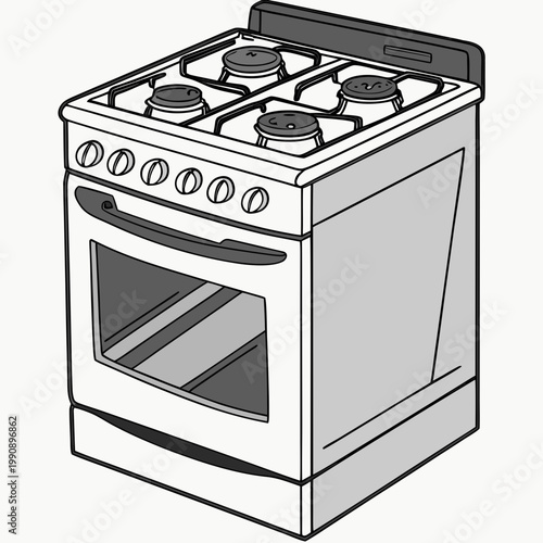 A simple line drawing depicts a freestanding kitchen range with four burners on top and an oven below in gray tones