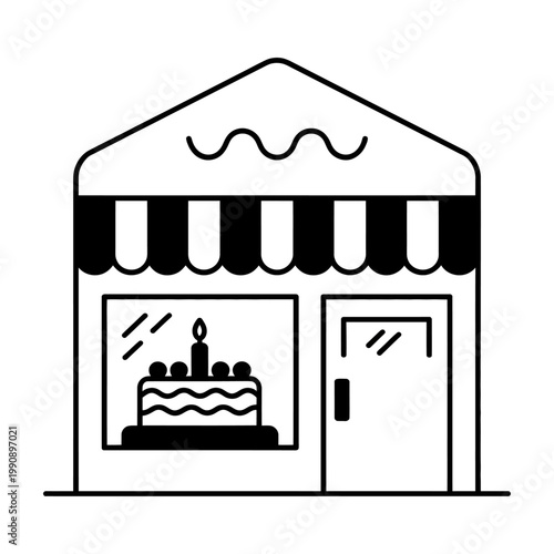Vector of a small bakery storefront with a cake in the window and striped awning