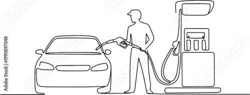 Single one line drawing Gas Station Worker refueling car. Gas station concept. one line Icon drawing