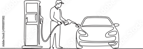 Single one line drawing Gas Station Worker refueling car. Gas station concept. one line Icon drawing