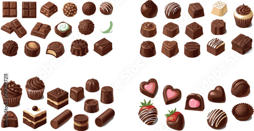 Chocolate candies and desserts vector set with truffles pralines bars and sweets isolated confectionery illustration collection
