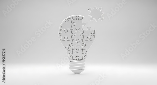 Minimalist 3D render of a glowing light bulb made of puzzle pieces with one final piece fitting into place, symbolic of creative solution, innovation, strategic thinking, and completing a business ide