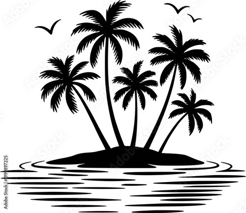 Black silhouette of palm trees a small island with ocean waves and birds