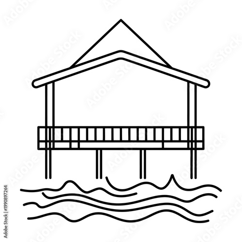 Vector of a house on stilts over water with a simple design and clean lines
