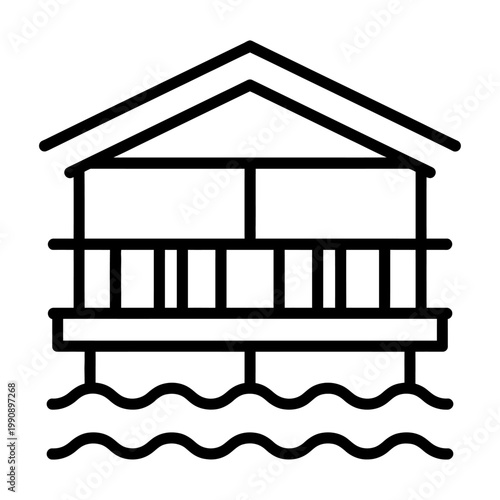 Vector of a house on stilts over water with a simple black line design