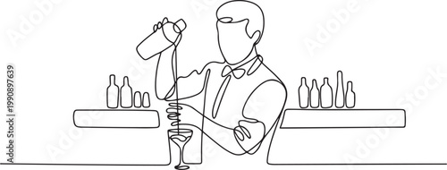 One continuous line drawing of Bartender in the pub vector illustration. Mixed beverage activity design in simple linear continuous style vector concept. one line Icon drawing
