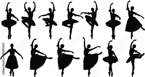 Ballerina Silhouettes Set in Graceful Ballet Dance Poses Vector Collection for Performing Arts, Theater Posters, Dance Studio Marketing, and Artistic Graphic Designs