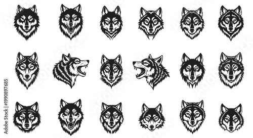 Collection of stylized wolf head illustrations in black and white featuring various expressions and angles for graphic design and branding concepts