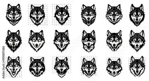 Collection of fierce wolf head illustrations featuring intense expressions and detailed fur textures presented in a monochromatic vector style with subtle grid backgrounds