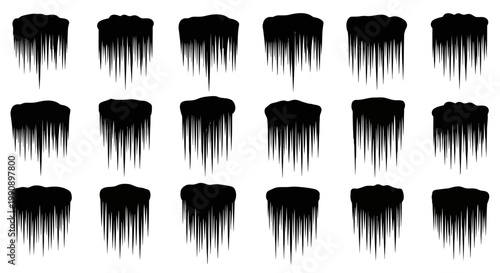Collection of stylized black silhouette icicles hanging down from an icy ledge representing cold weather winter and frozen natural elements isolated on a clean white background
