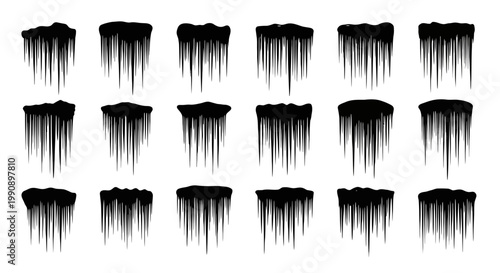 Collection of diverse black silhouette icicles hanging from a frozen surface isolated on a clean white background representing winter cold and frosty weather elements in a graphic