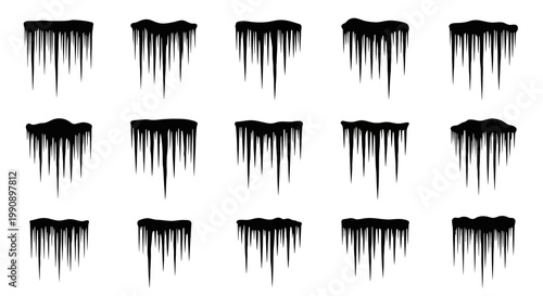 Collection of various black silhouette icicles hanging down from a top surface isolated on a clean white background representing winter and cold weather elements in a graphic