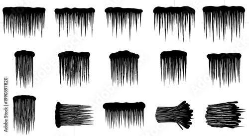 Collection of diverse black silhouette brush stroke elements representing icicles and frozen textures for winter design and graphic overlays isolated on white background
