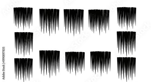 Isolated black graphic elements resembling icicles or sharp stalactites arranged in multiple rows on a clean white background representing winter or sharp formations