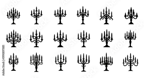 Collection of ornate black candelabra silhouettes on a clean white background ideal for elegant decor and vintage themed designs