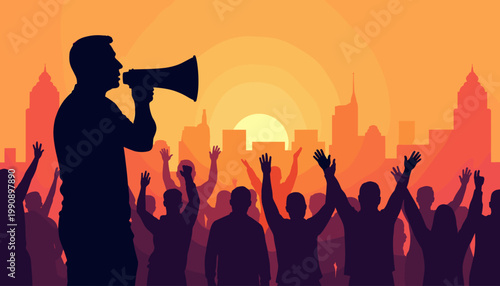 Man speaking through a megaphone during Pride Month rally at sunset  