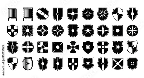 Collection of diverse medieval and fantasy shield icons and symbols in black and white featuring various shapes designs and heraldic emblems for graphic design projects
