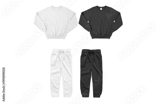 Black and white sweatshirts and sweatpants mockup on a clean white background. Minimal blank apparel set with realistic fabric and folds, perfect for branding, print-on-demand, 3d rendering