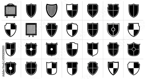 Collection of diverse shield emblems and security icons representing protection safety defense and heraldry presented in a clean graphic vector art style against a white