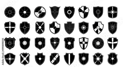 Collection of diverse medieval shields and round viking bucklers featuring various heraldic designs and protective armor shapes rendered in a stark black and white graphic style