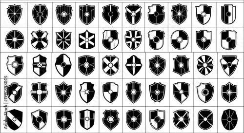 Collection of diverse medieval shields and heraldic emblems representing history protection and strength presented as graphic icons on a clean white background for design use