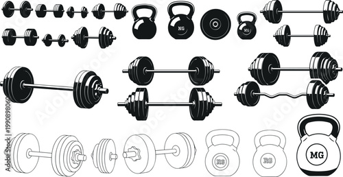 Gym equipment vector set with dumbbells barbells kettlebells and weight plates fitness training icons silhouette illustration collection