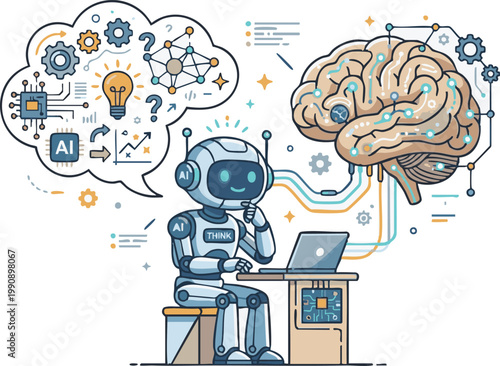 AI Robot Working on Laptop Thinking About Complex Algorithms