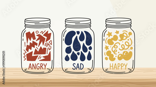Emotions are depicted through various illustrations in jars on a shelf