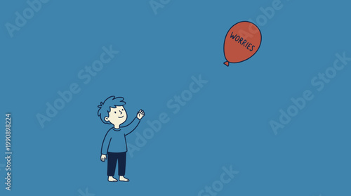 A cartoon boy excitedly reaches for a floating red balloon in the sky.