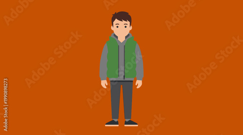 A cartoon man wearing a green jacket stands alone indoors.